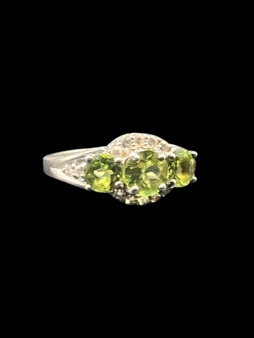 Vintage Three-Stone Peridot and Cubic Zirconia Sterling Silver Ring Size 6 - Picture 6 of 7